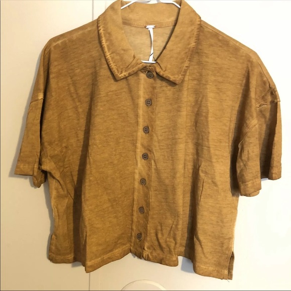 NWT Free People Crop Short Sleeve Copper Button Up - Picture 2 of 5